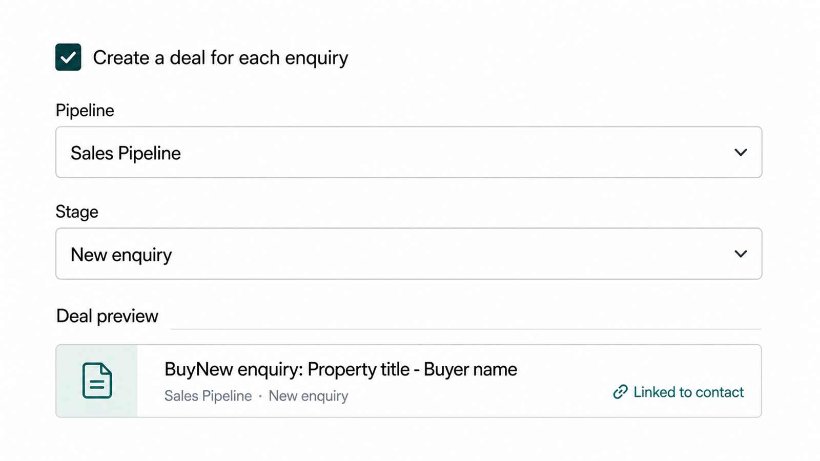 BuyNew deal creation settings with pipeline, stage, deal title preview, and contact association